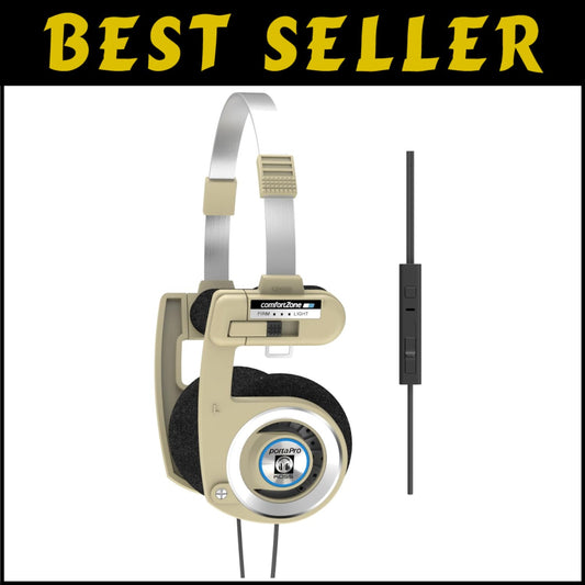 Foldable Porta Pro Headphones in Rhythm Beige with Volume Control & Carry Case