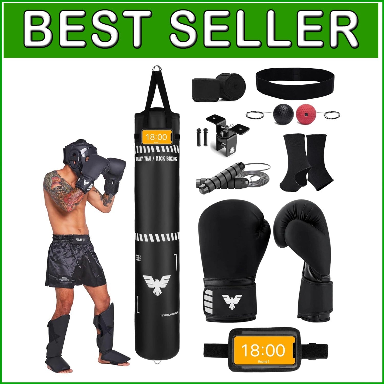 6 Ft Black Muay Thai & Kickboxing Heavy Bag Kit - Training Essentials Inside