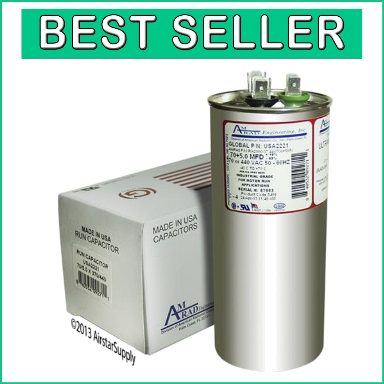 Durable 70 + 5 uf/Mfd 370/440 VAC Round Capacitor - Universal Fit, U.S. Made