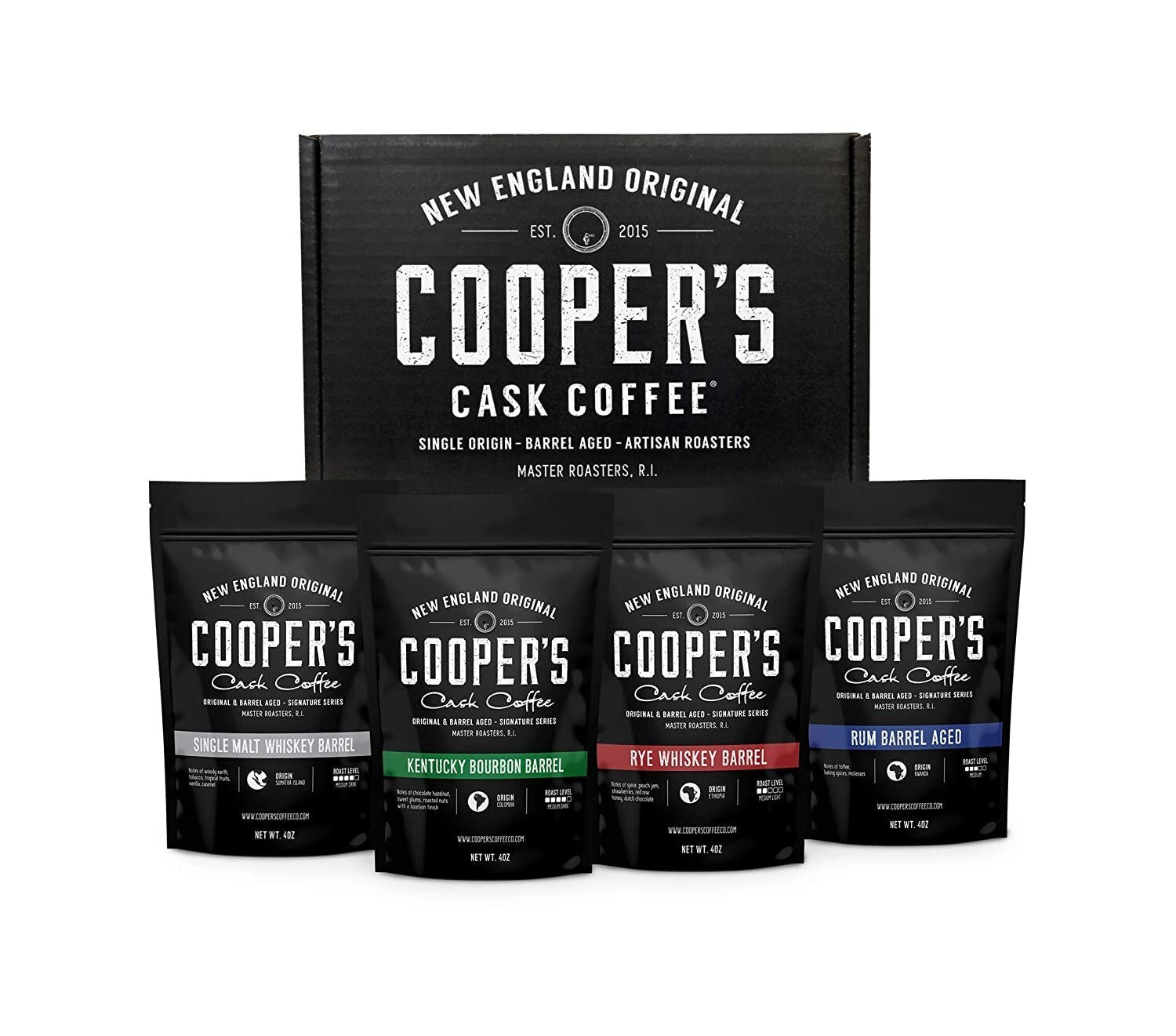 Bourbon & Whiskey Barrel Aged Coffee Set - 4 Unique Flavors - 4 Ounce Packs