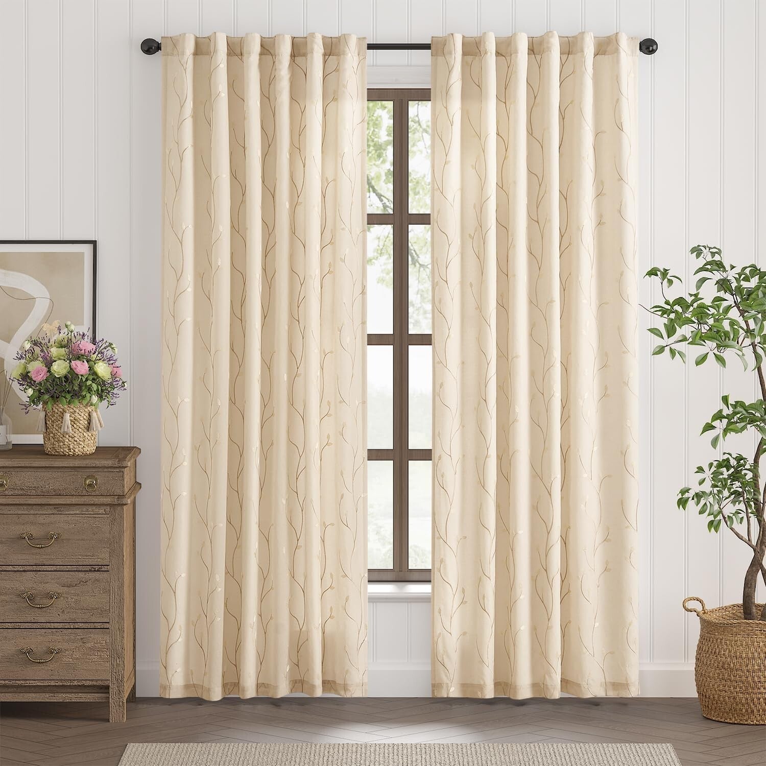 Chic Embroidered Voile Sheer Curtains for Living Room – 84" x 55" Beige Panels