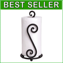 Load image into Gallery viewer, Decorative Black Wrought Iron Paper Towel Stand - Space-Saving Kitchen Accessory