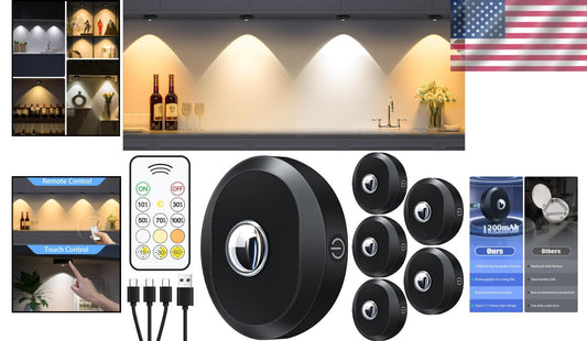 6 Pack of Dimmable Rechargeable Under Cabinet Lights with Remote Control & Timer