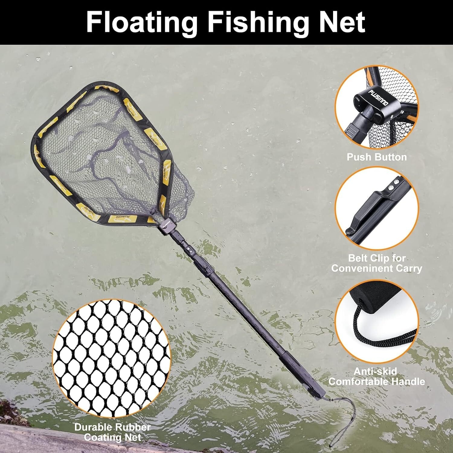 Large Floating Fish Landing Net - 19.7" Hoop, Rubber Coating, and Folding Design