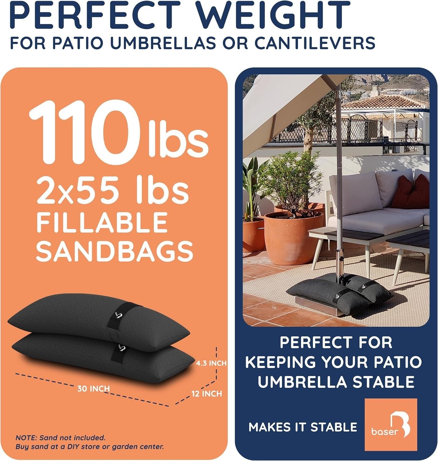 2 Fillable Straight Sandbags for Stylish Umbrella Stability - 55 LBS Each