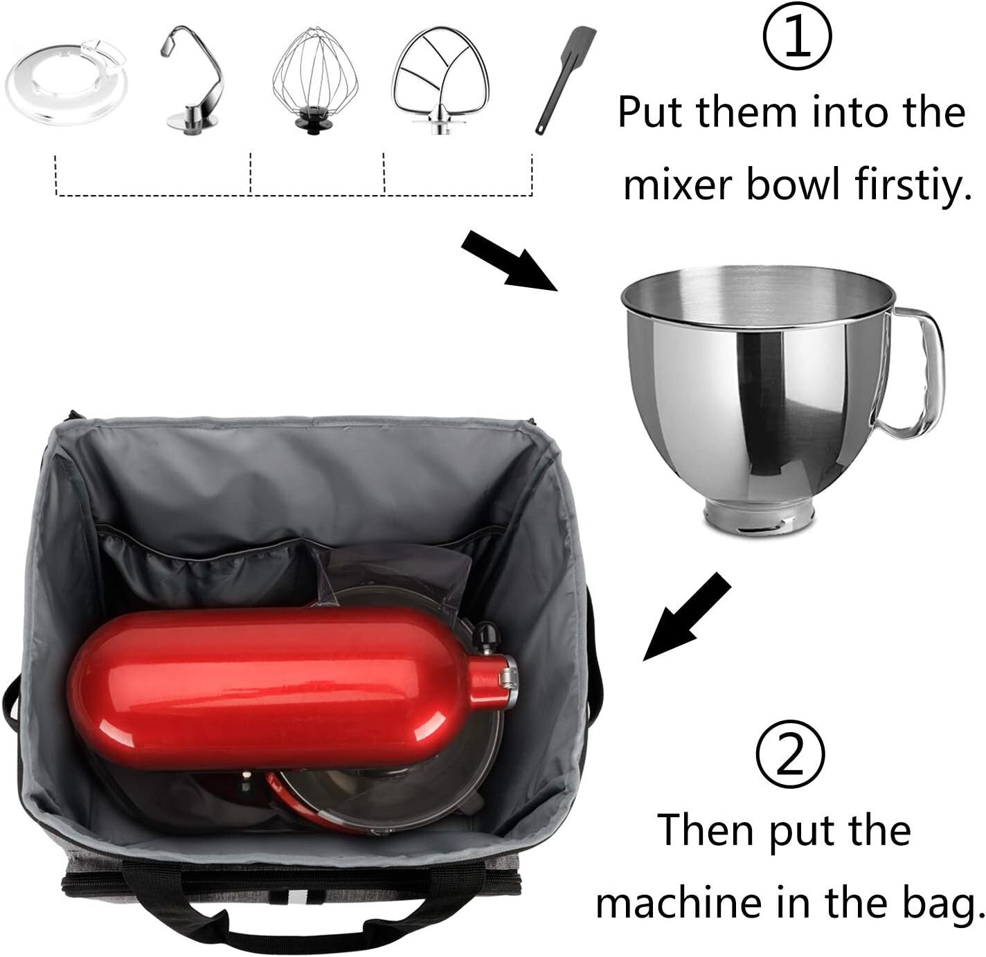 Ergonomic Kitchen Mixer Carrying Bag - Fits 6-8 Quart Mixers with Pockets
