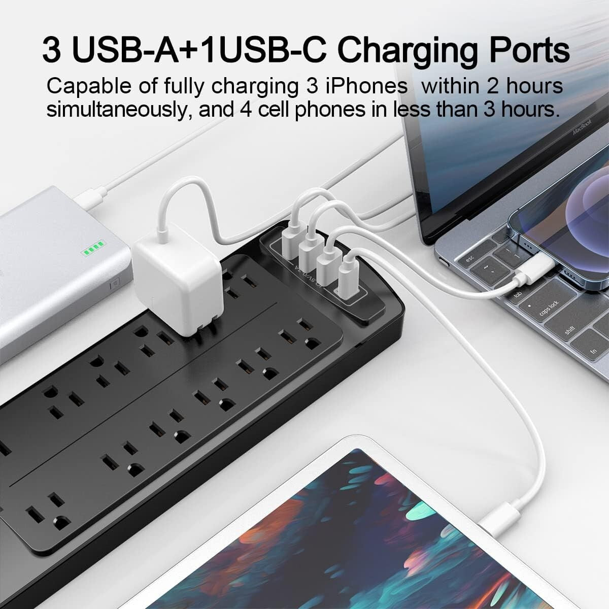 12-Outlet Surge Protector Power Strip with 4 USB Ports & Flame Retardant Housing