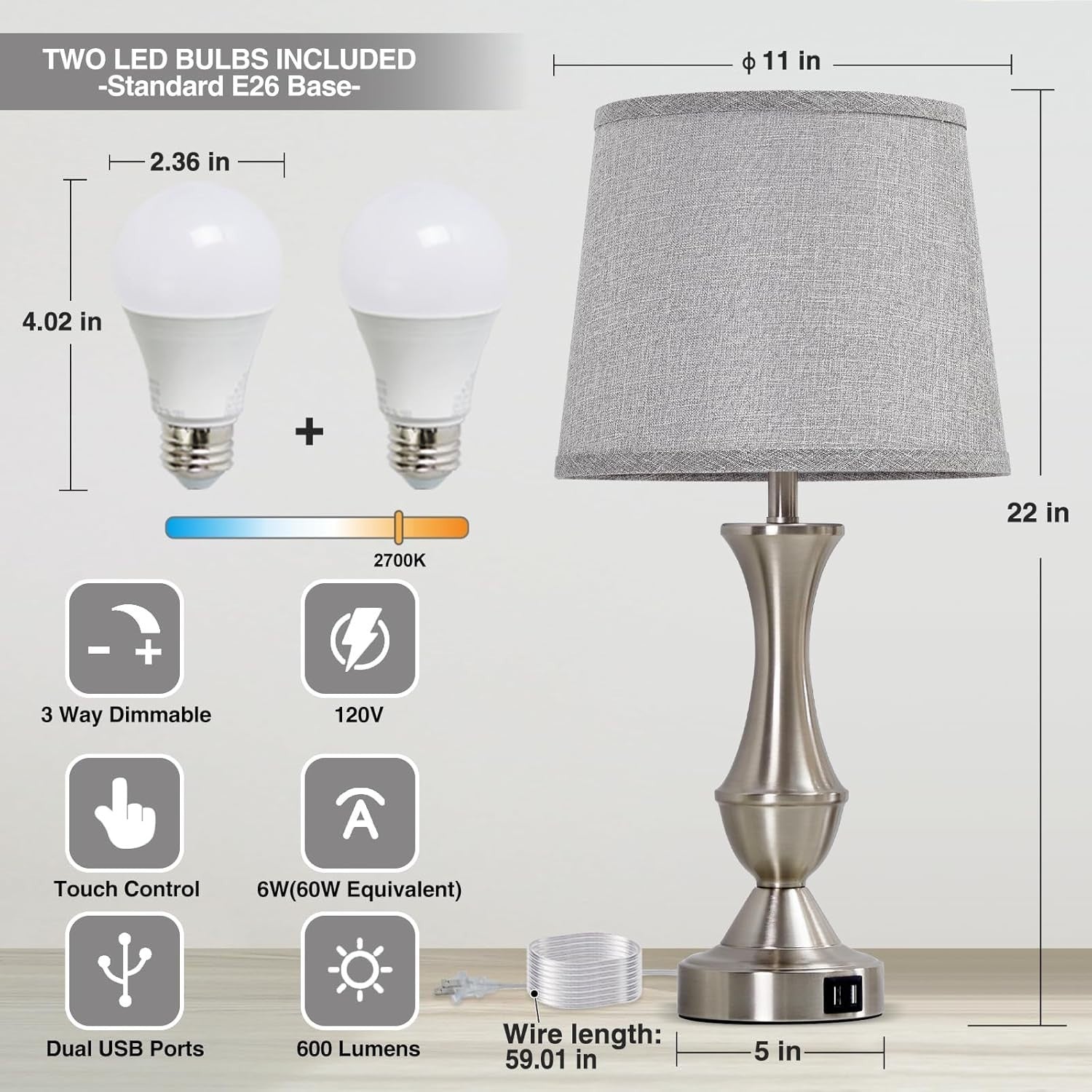 Elegant 22" Table Lamps Set with Touch Control and USB Charging - Silver & Grey