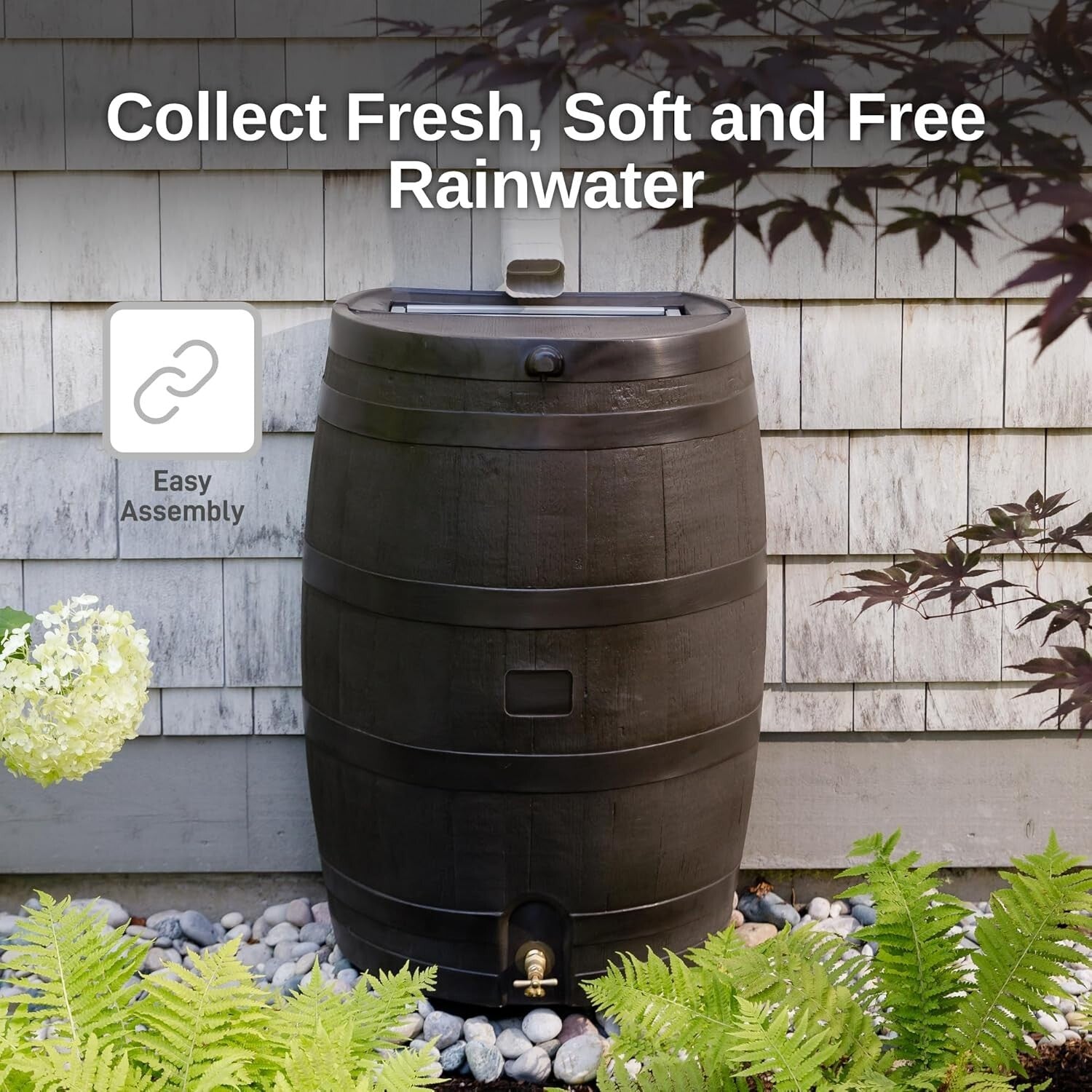 Elegant 50-Gallon Rain Barrel with Textured Finish & Efficient Overflow Valve