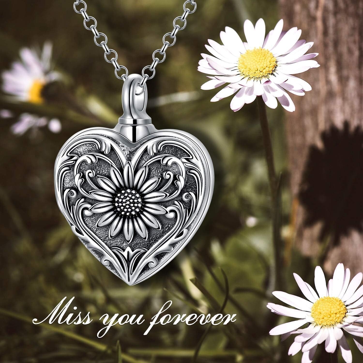 Sterling Silver Sunflower Cremation Necklace for Ashes - Forever In My Heart