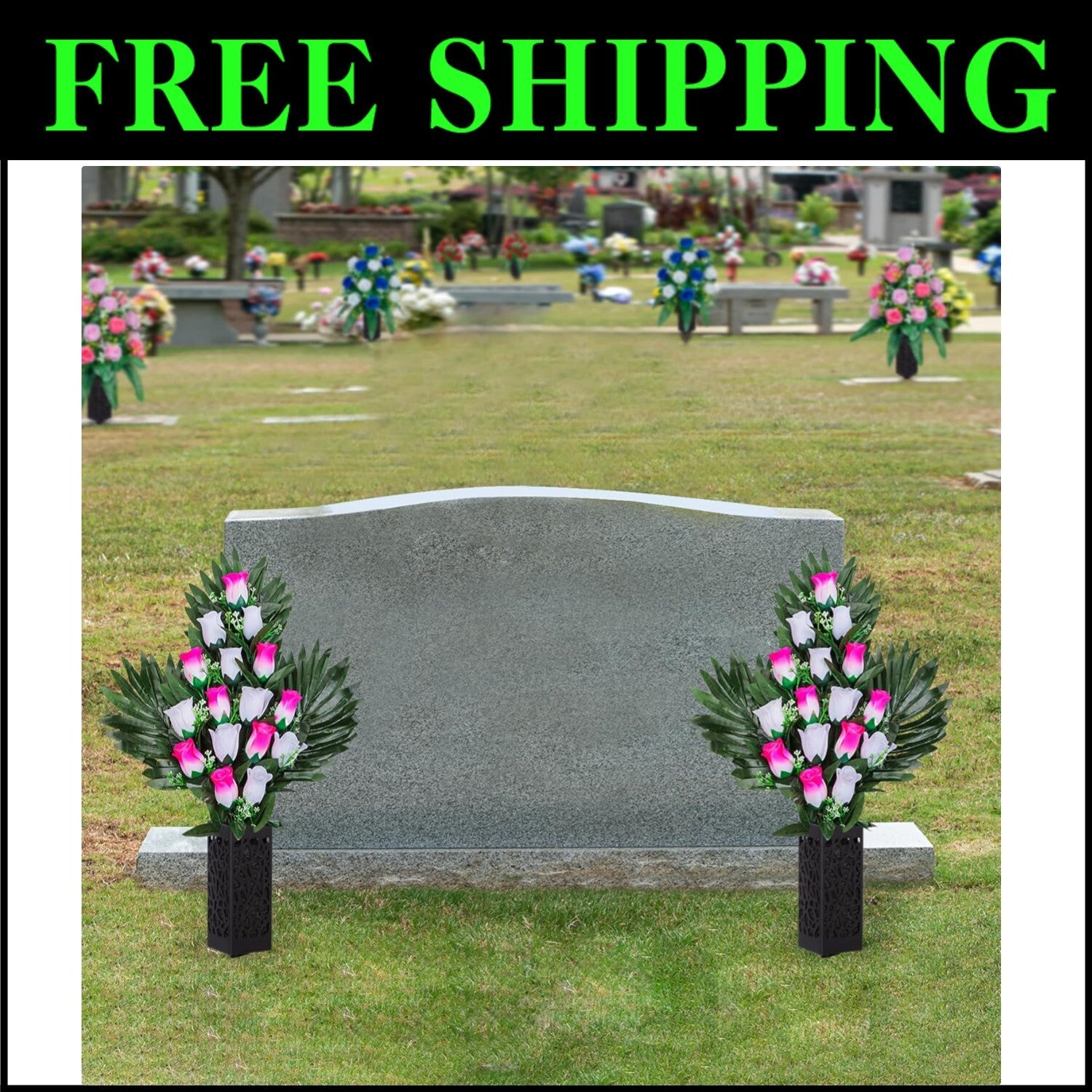 Elegant 2 Set Artificial Cemetery Flowers with Long Nail Vases - Pink & White