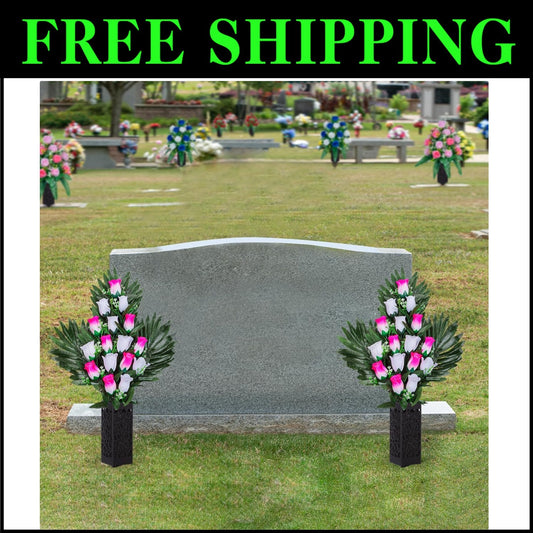 Elegant 2 Set Artificial Cemetery Flowers with Long Nail Vases - Pink & White