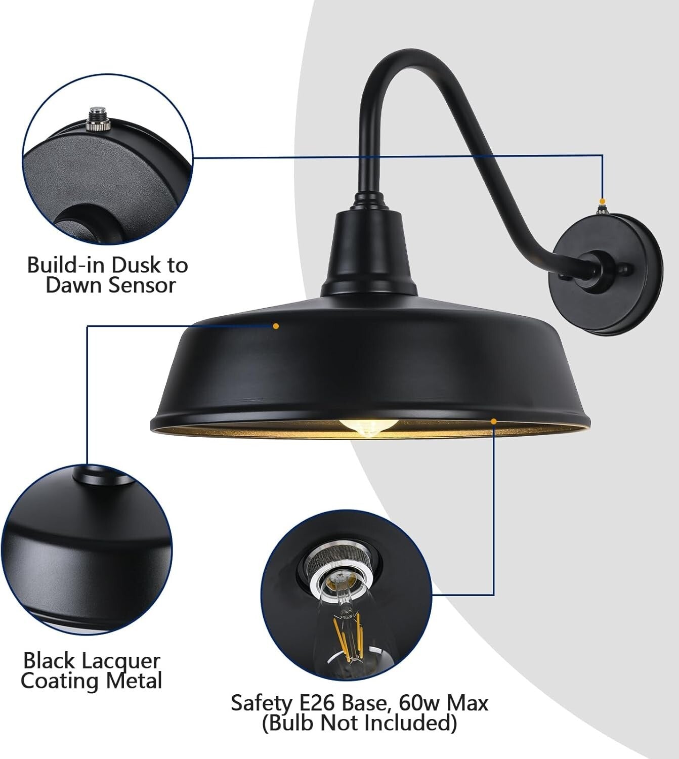 Durable 15" Waterproof Gooseneck Barn Light with Remote and Touch Control