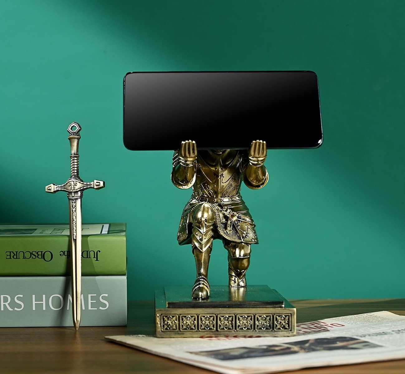 Elegant Knight Pen Holder & Sword Letter Opener – Bronze Desk Organizer