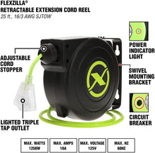 Load image into Gallery viewer, ZillaGreen 25 Ft Retractable Extension Cord Reel with Lighted Triple Tap Outlet