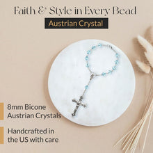 Load image into Gallery viewer, Unique 8-Inch Auto Clasp Rosary with Aquamarine Beads &amp; Silver Plate Crucifix