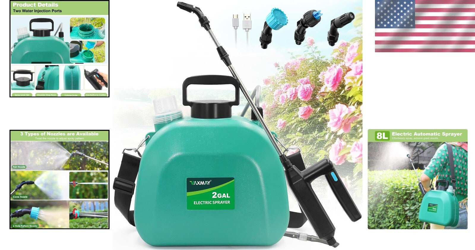 Powerful Battery-Powered Electric Sprayer 2 Gallon with Adjustable Nozzles