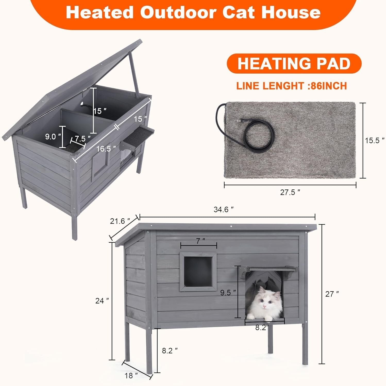Heated Cat House - Cozy Shelter for Indoor & Outdoor Cats in Grey, Large