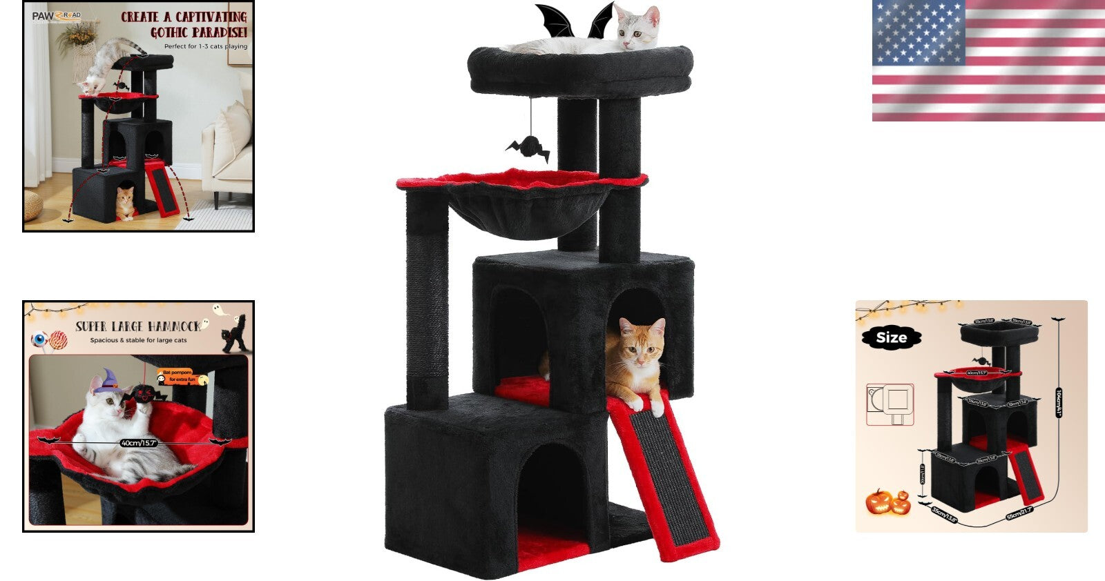 Large Black Cat Tower - 41" Gothic Style with Padded Perch and Scratching Pad