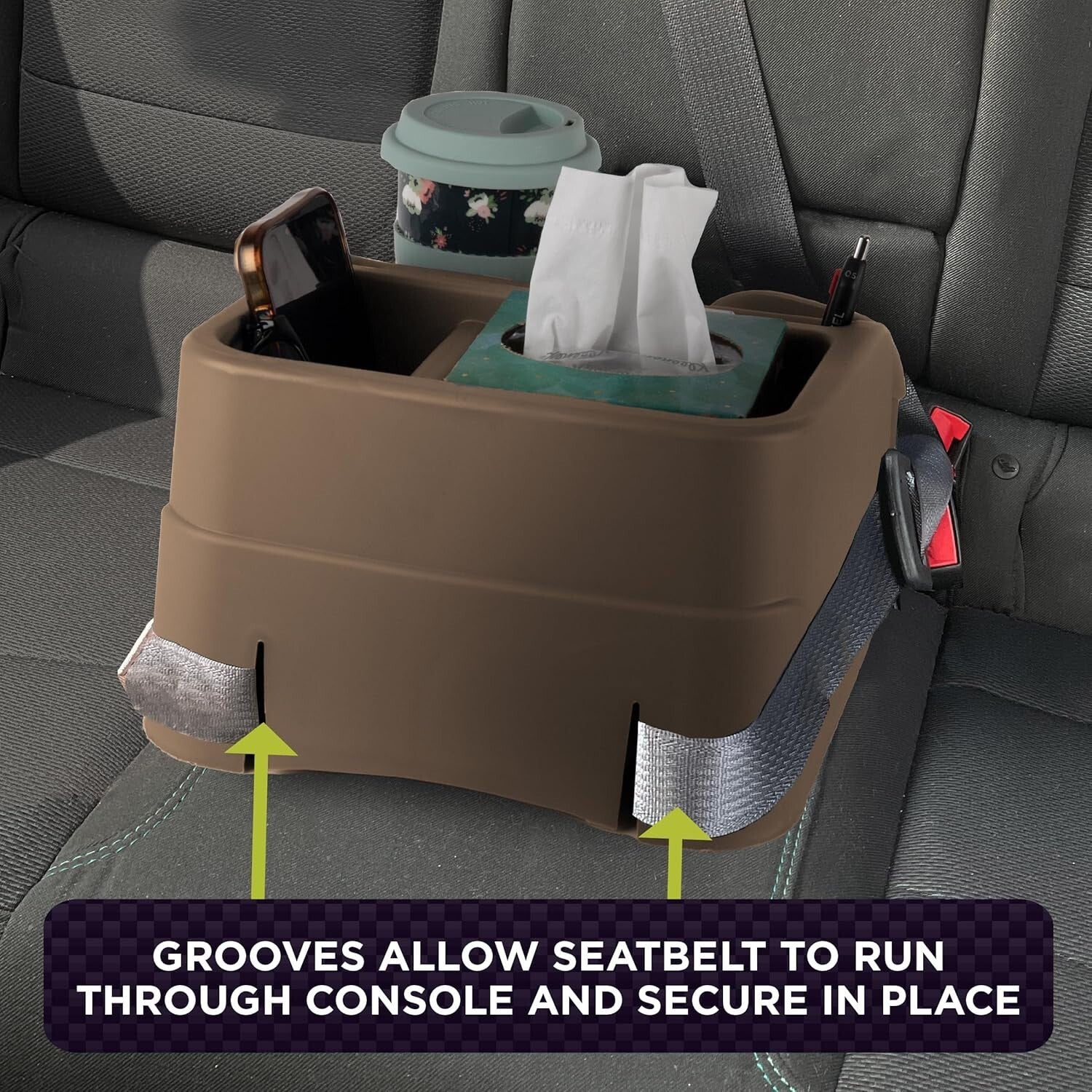 Beige Adjustable Vehicle Console Organizer with Dual Cupholders & Media Storage