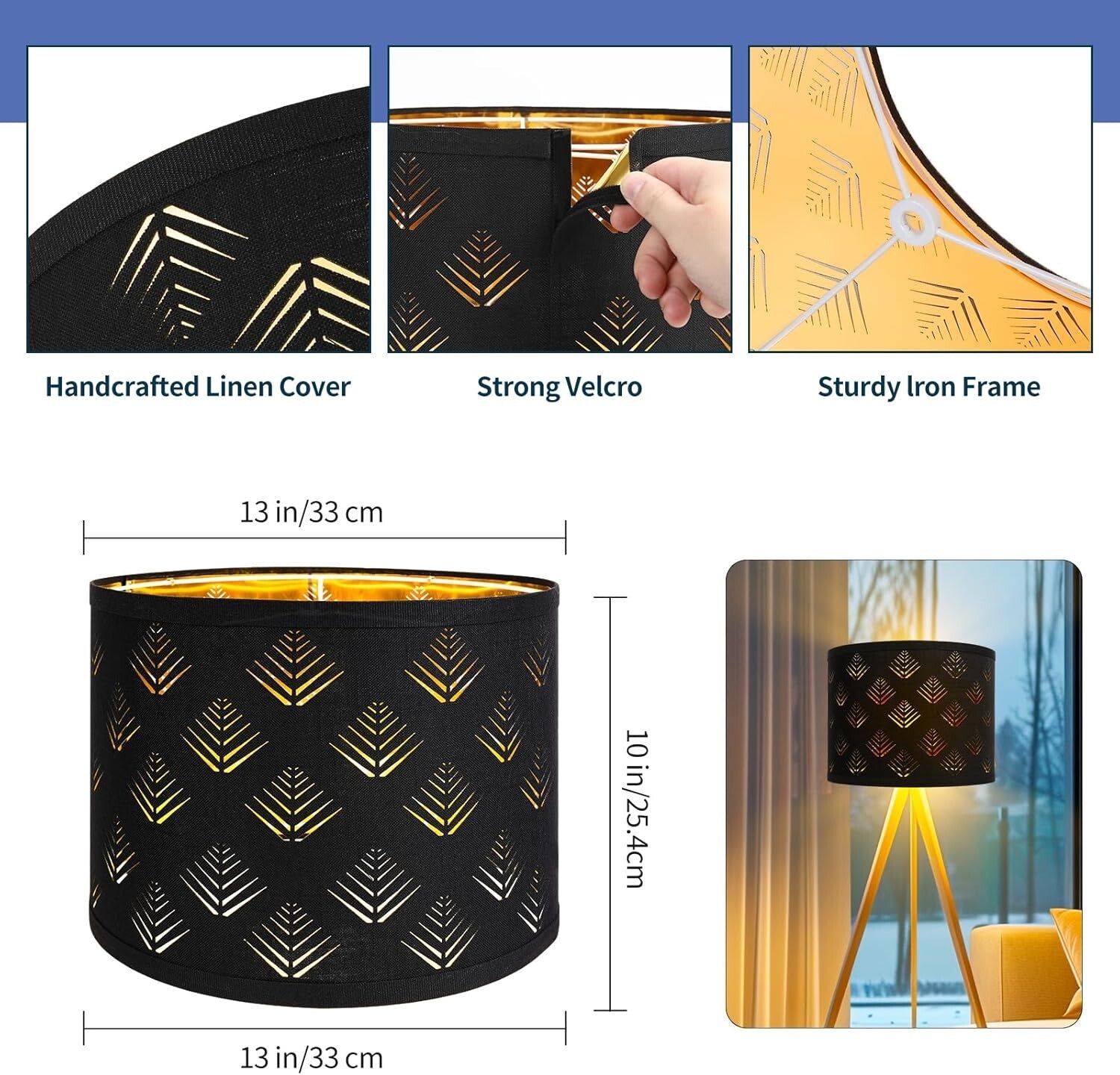 Stylish Black Drum Lampshades with Leaf Pattern - 13"x10" Easy Install Set of 2