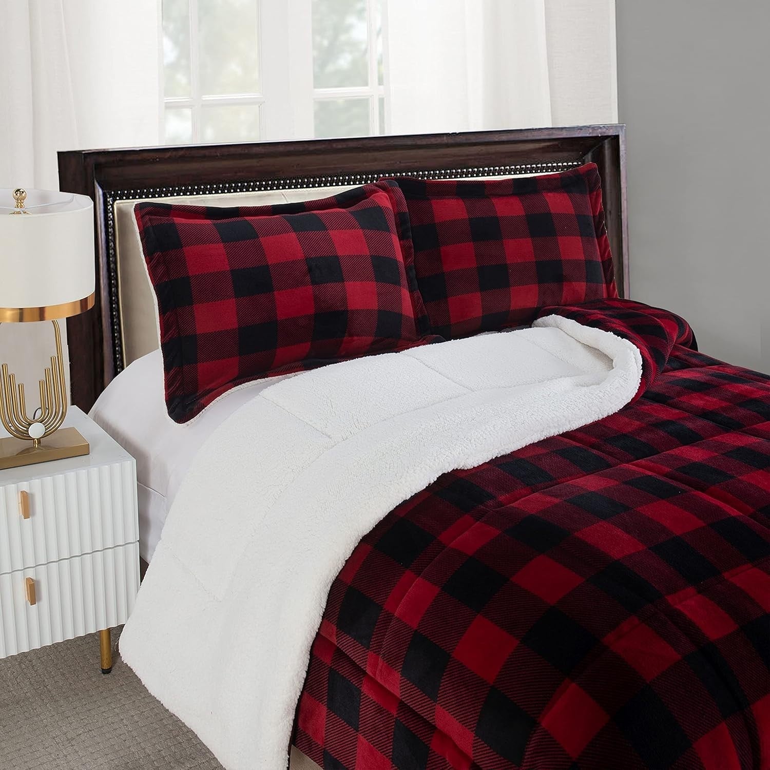 Cozy King Comforter Set - Reversible Micromink Plaid with Pillow Shams, Washable