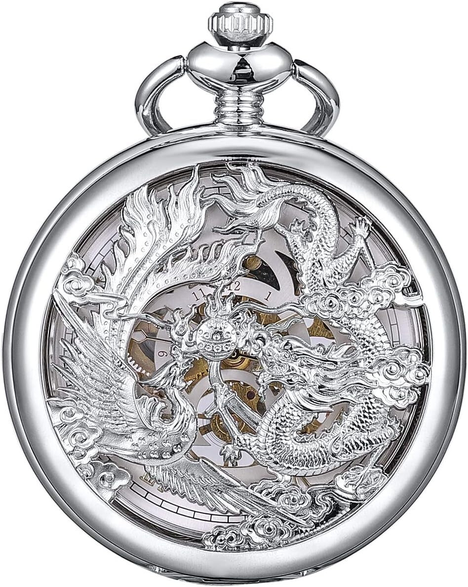 Elegant Mechanical Pocket Watch with Skeleton Dial - Dragon & Phoenix Design