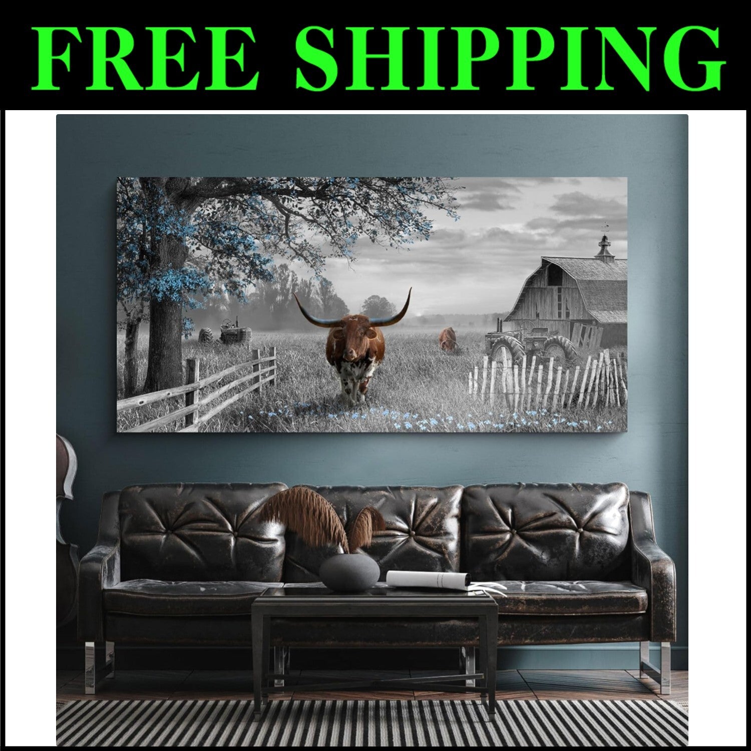 Western Decor 48x24 Longhorn Cow Canvas - Elevate Your Farmhouse Style