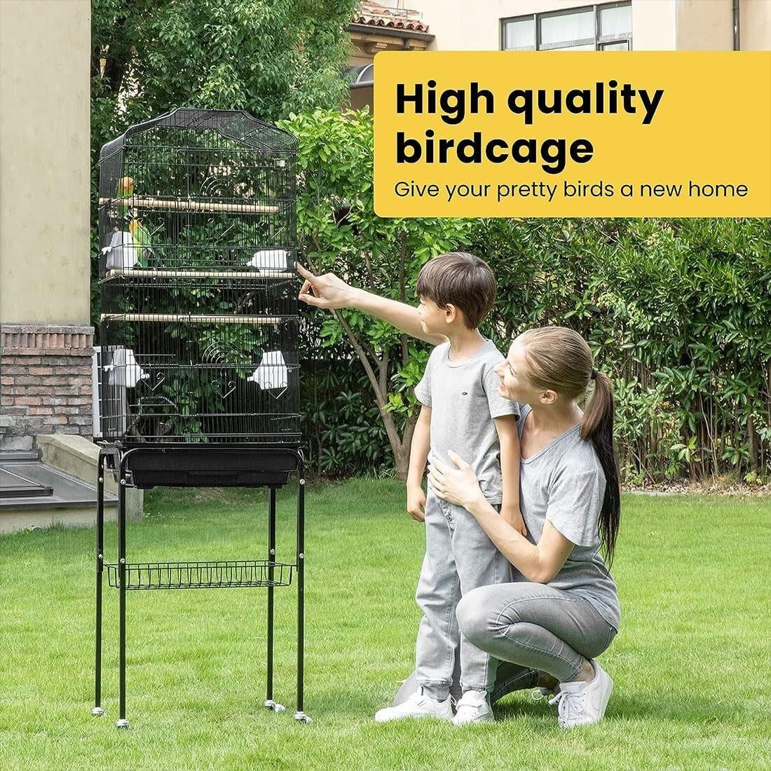 Spacious Black Bird Cage with Play Top & Easy-Clean Sliding Tray - 64 Inch