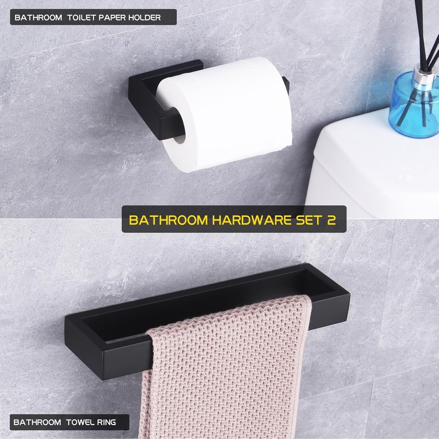 Contemporary Stainless Steel Bathroom Set with Matte Black Towel Ring & Holder