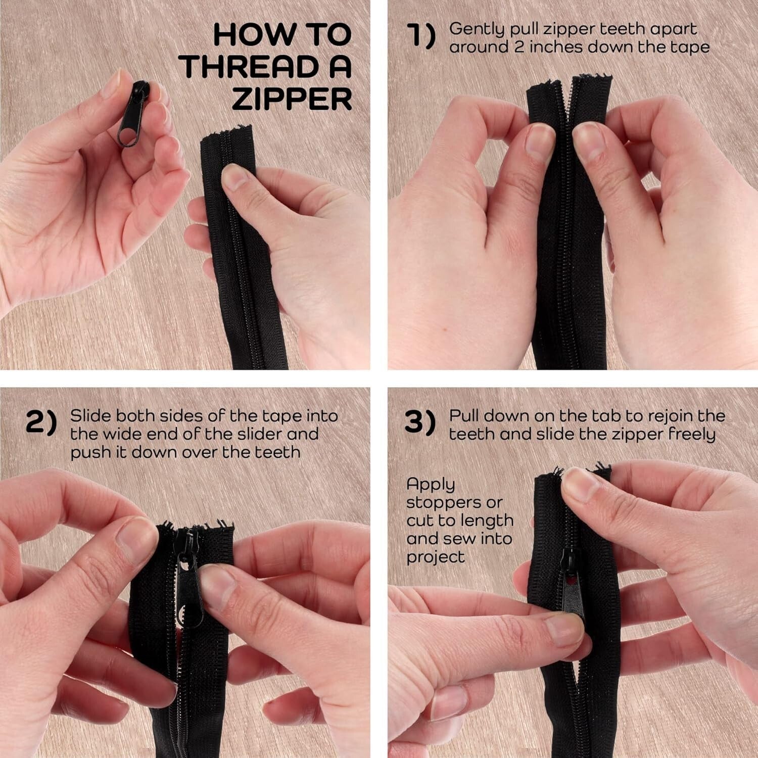 200 Yards Durable Black Nylon Zipper Tape with 200 Metal Pulls for DIY Projects