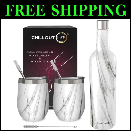 Insulated Wine Tumblers & Bottle - Carrara Marble Design for Outdoor Elegance