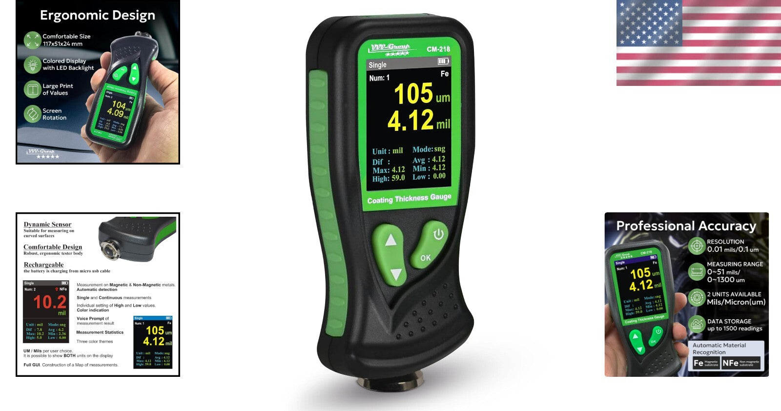 Digital Coating Thickness Gauge - Precision Paint Depth Meter with USB Recharge