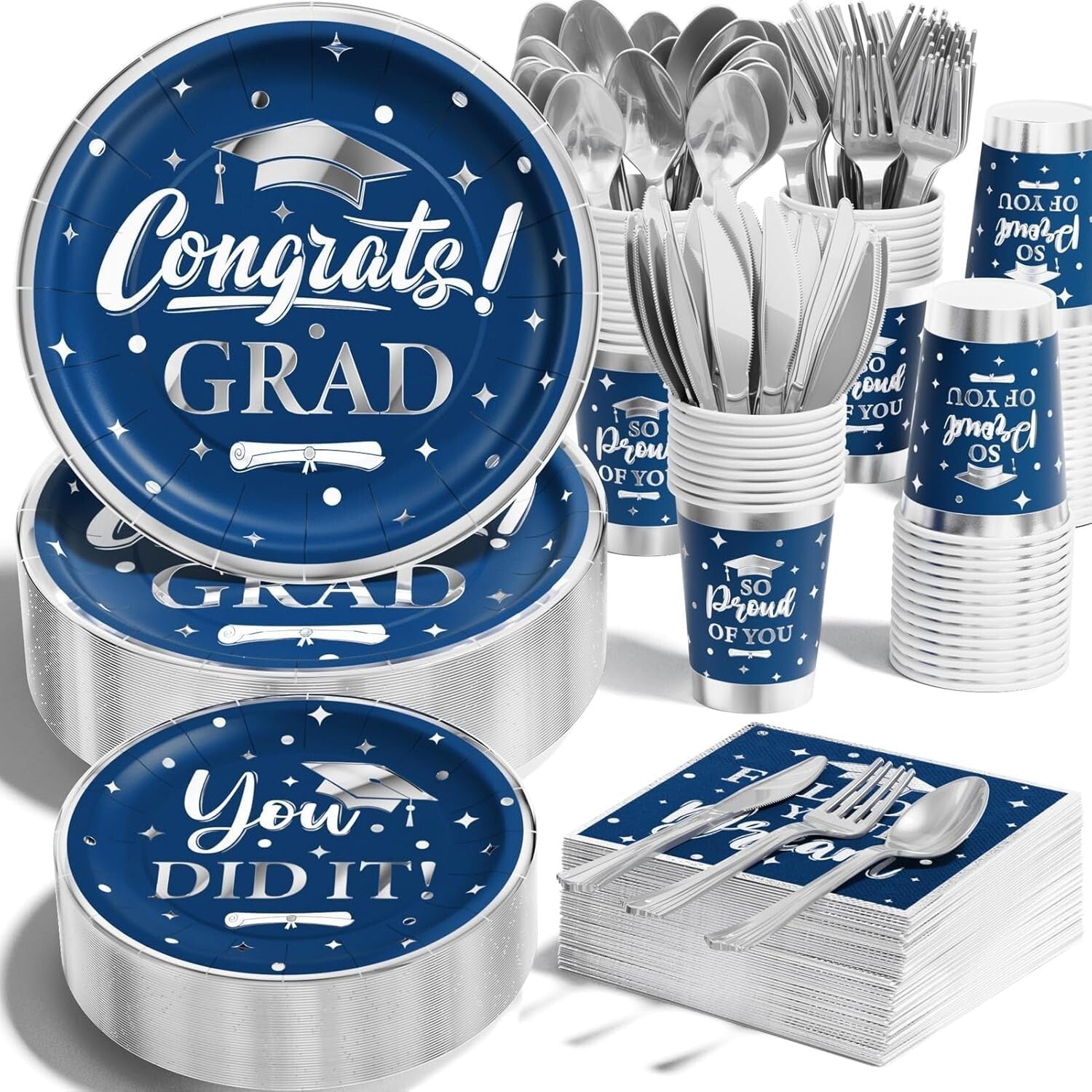 Blue & Silver Graduation Dinnerware Set - 350PCS for Class of 2025 Celebrations