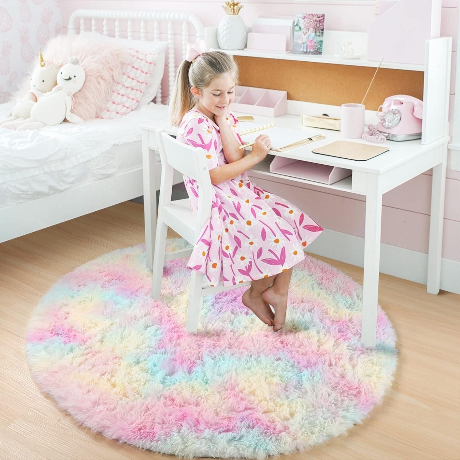 Soft 5Ft Pastel Round Rug - Cozy Fluffy Carpet for Toddler Unicorn Rooms