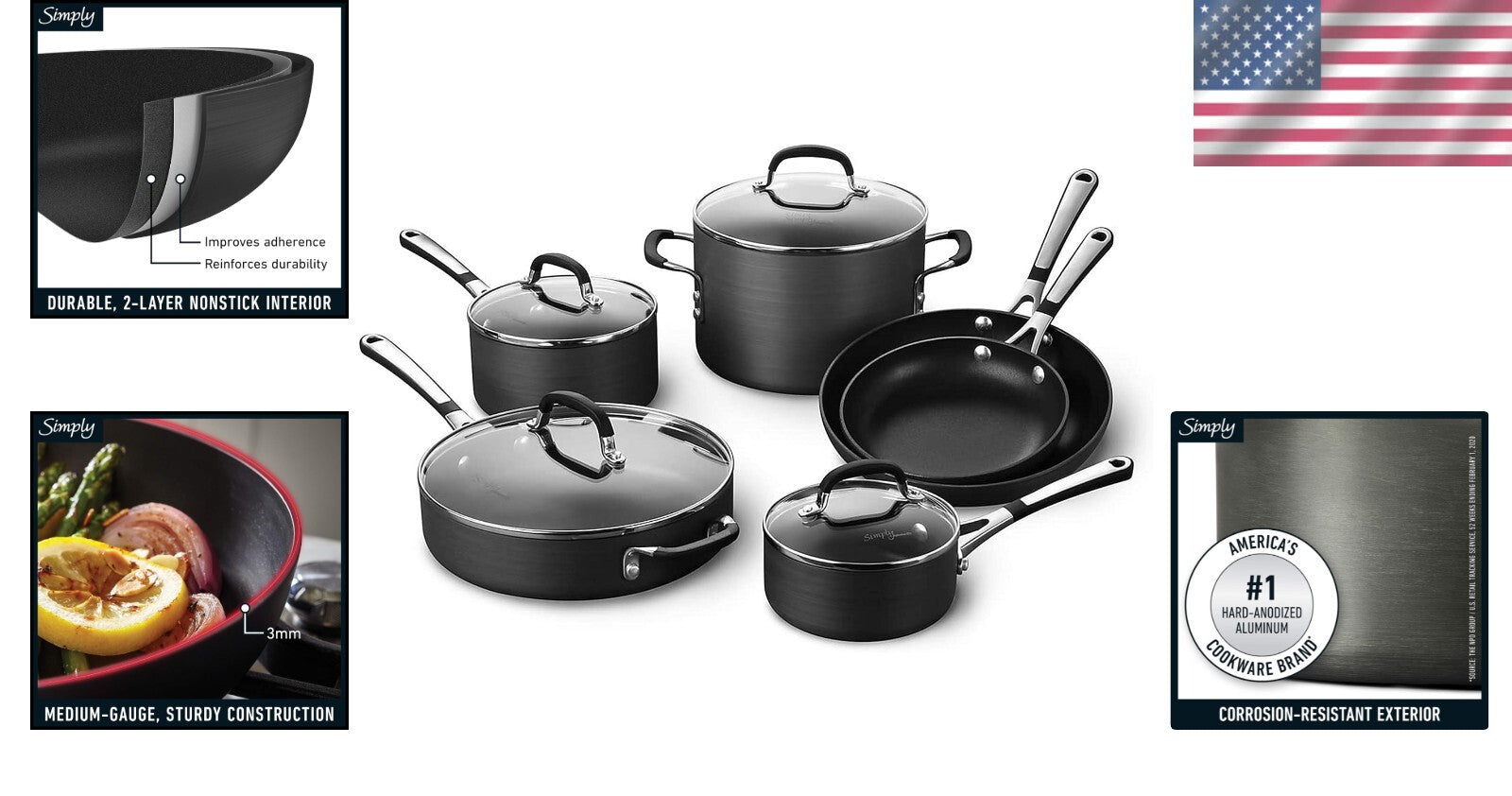 Professional 10-Piece Non-Stick Cookware Set - Hard-Anodized Aluminum Design