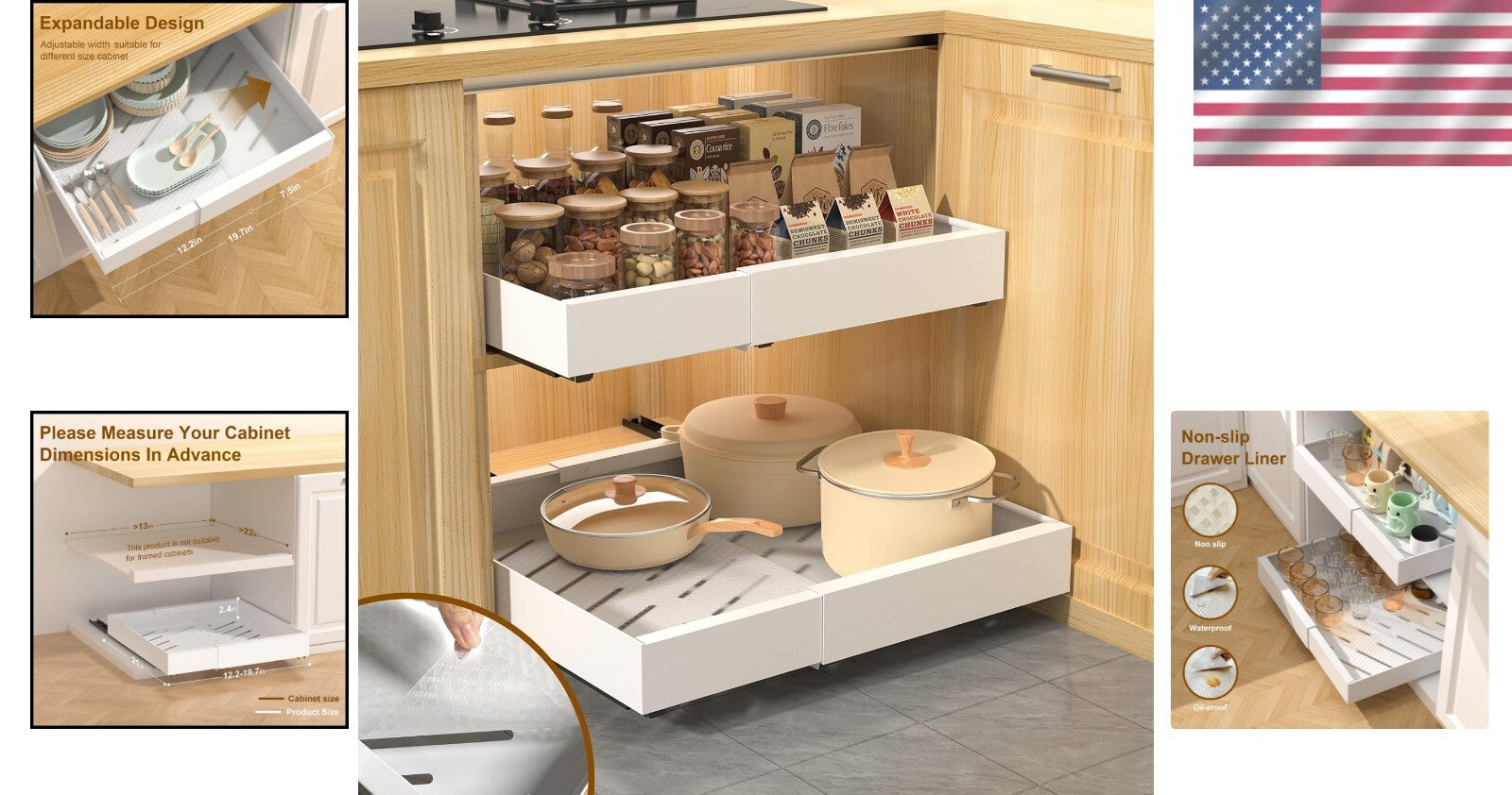 Expandable 2PCS Heavy-Duty Pull Out Drawer Organizers for Versatile Kitchens