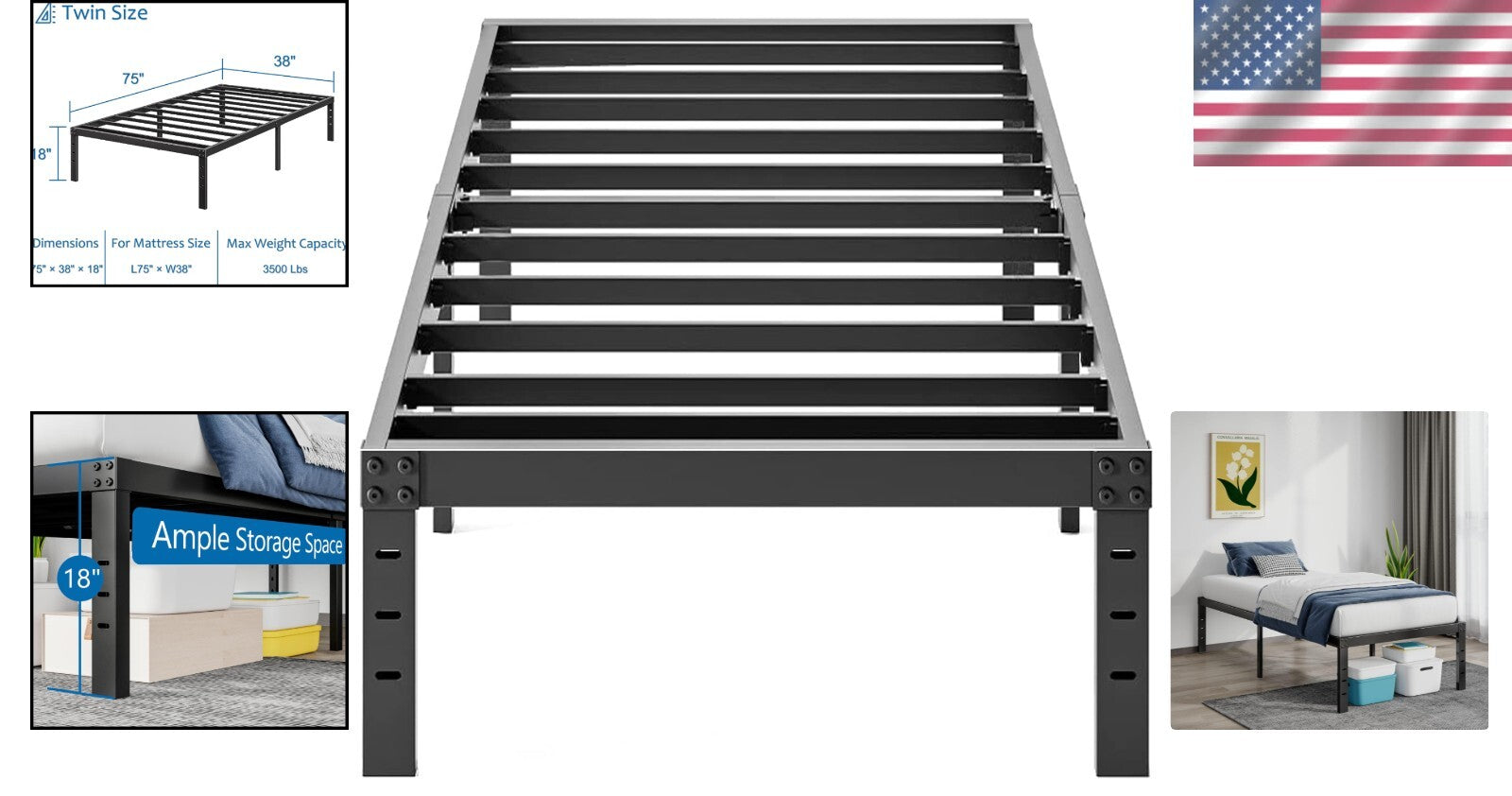 Durable 18-Inch Twin Platform Bed Frame - Supports Up To 800 lbs, Sleek Design