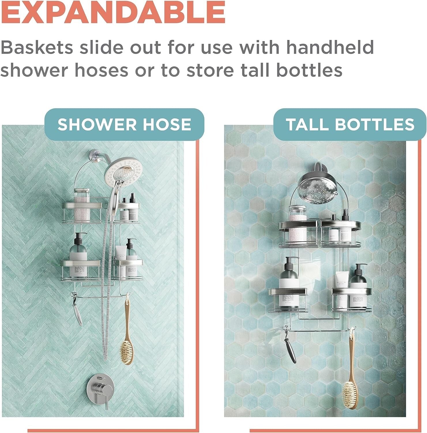 Adjustable Stainless Steel Shower Caddy with 4 Expandable Baskets for Storage