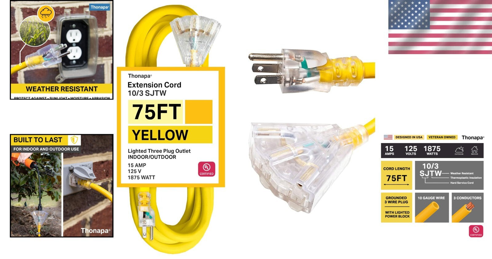 10/3 SJTW Outdoor Extension Cord 75 Ft with Lighted End - 3 Outlet Power Block