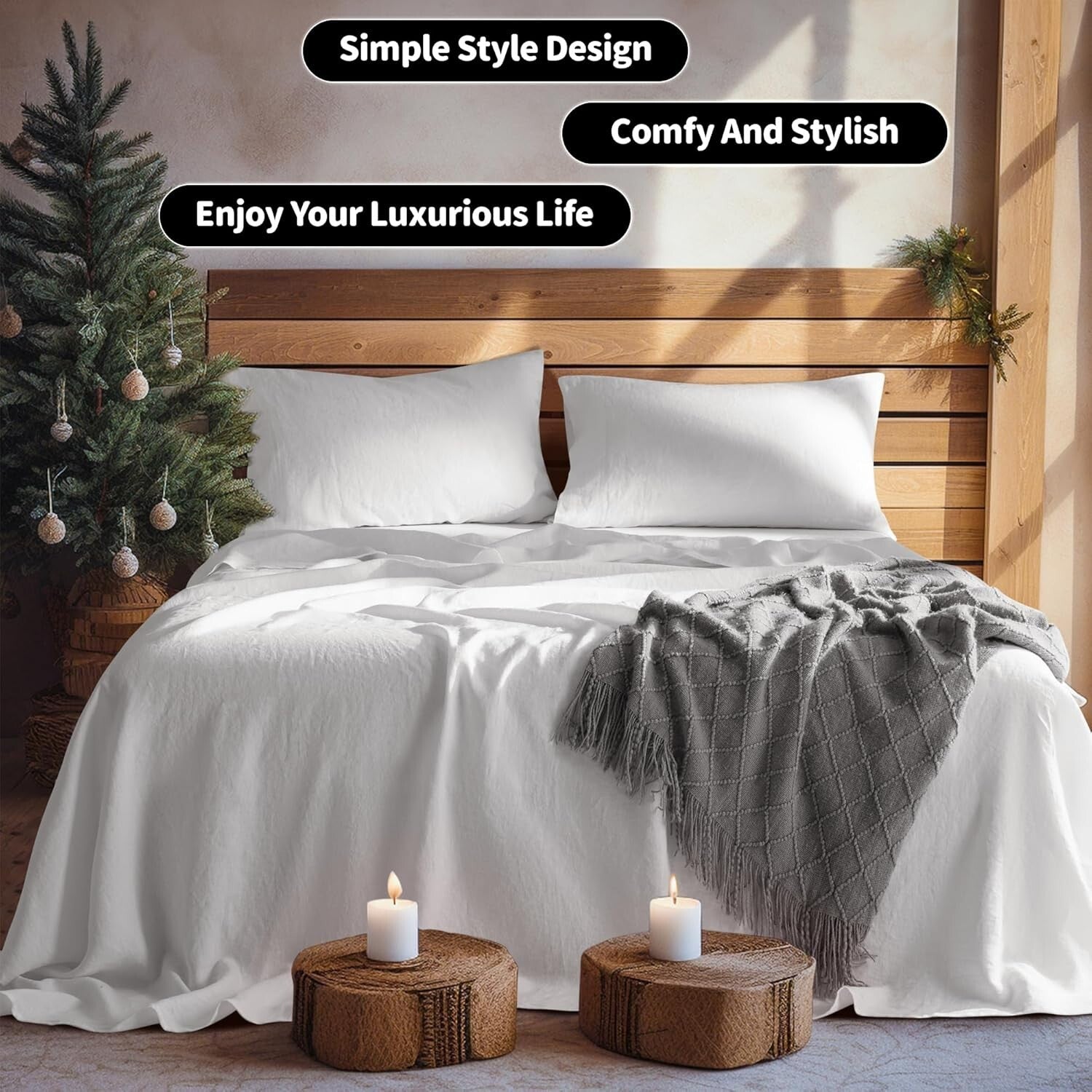 Luxurious 100% Linen King Size Bed Sheet Set - 4 Piece Solid White Bedding