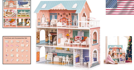 Enchanting 3-Story Wooden Dollhouse with Furniture - Perfect Gift for Girls 3-6