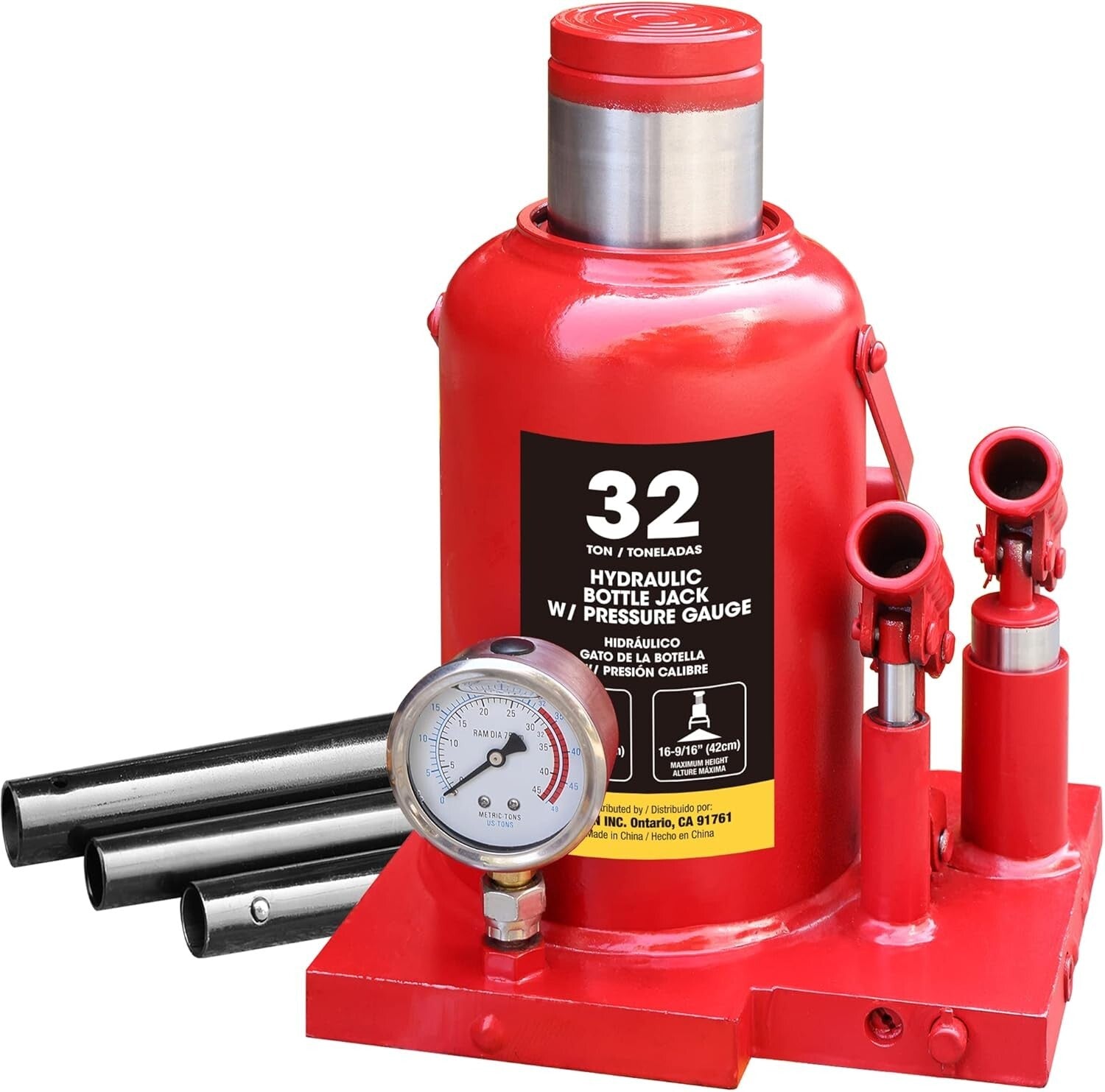 32 Ton Heavy Duty Double Piston Car Bottle Jack with Gauge - Red, 16.54" Lift
