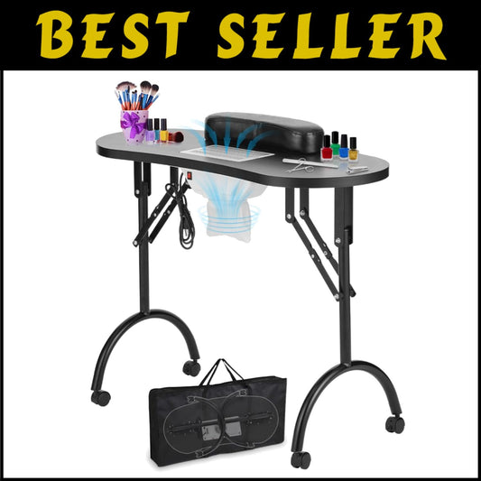 Professional Nail Desk with Lockable Wheels & Vented Surface - 36''x 16'' Black