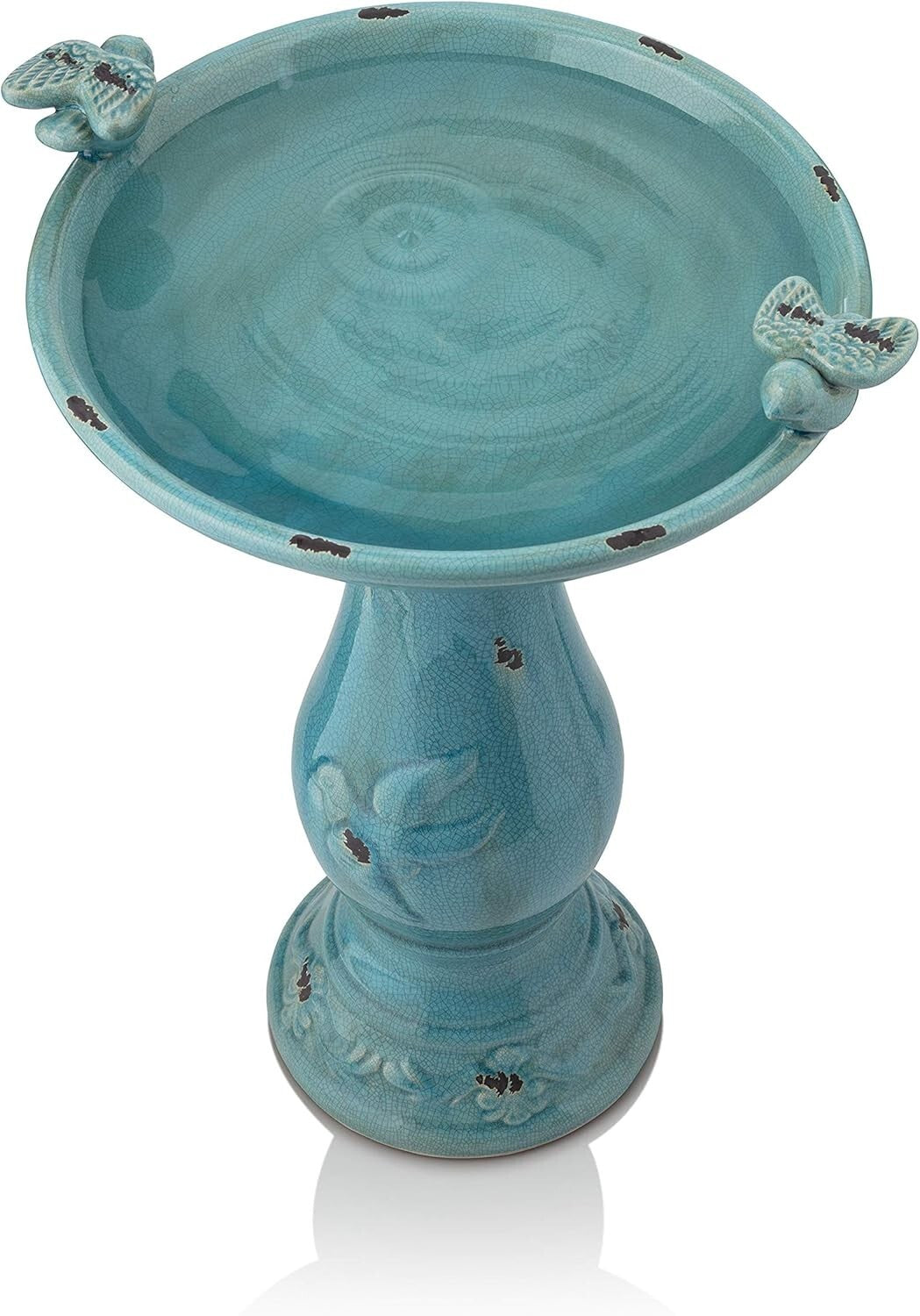 25" Antique Turquoise Ceramic Birdbath with 2 Figurines for Birds & Garden Charm