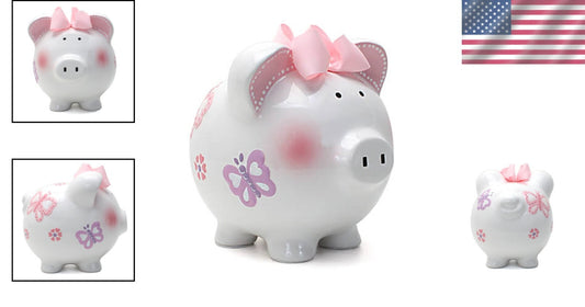 Elegant 8" Ceramic Piggy Bank for Girls - Butterfly Patterned Savings Bank