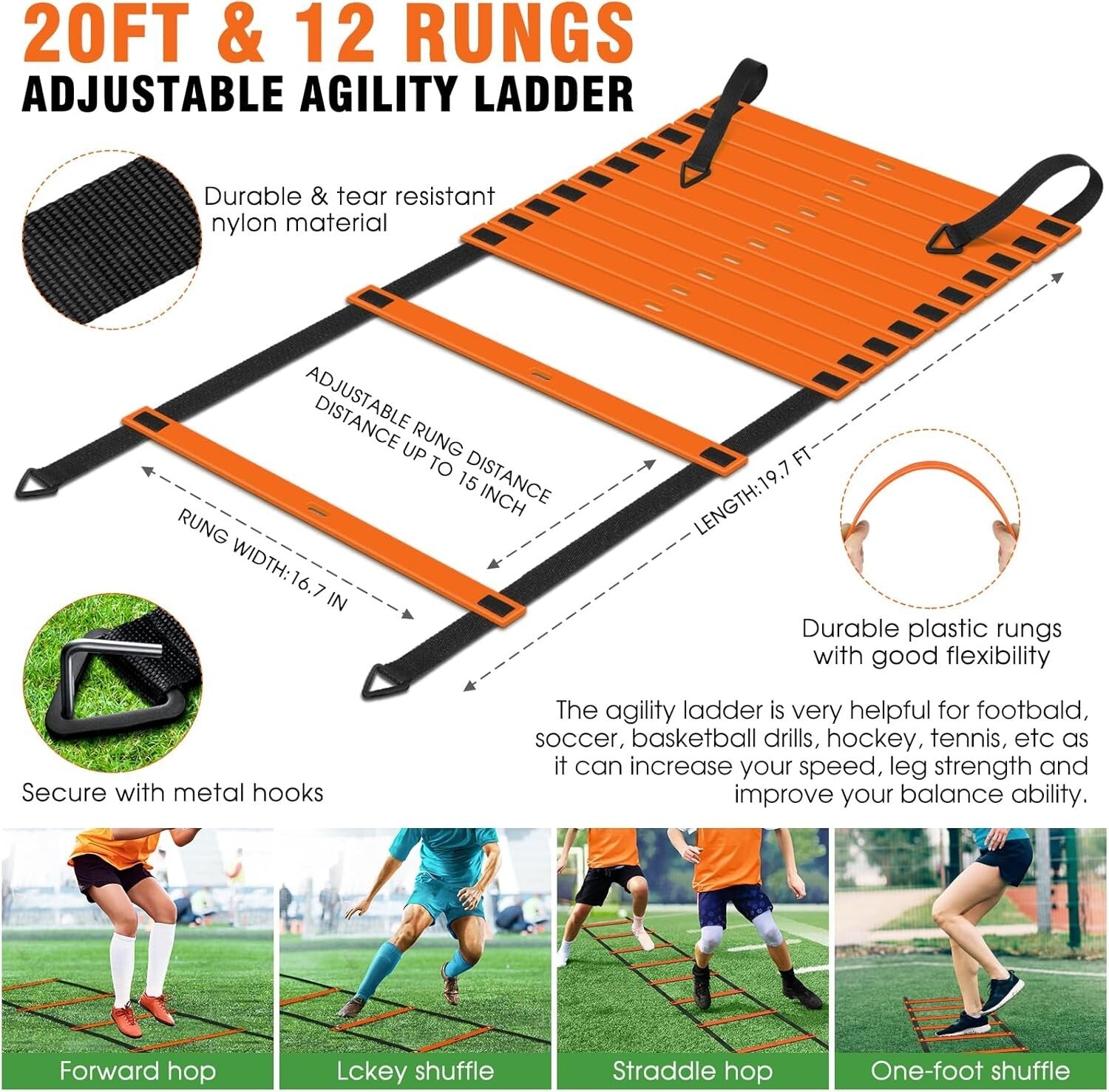 20ft Agility Ladder Set with Adjustable Hurdles & Jump Rope for All Levels