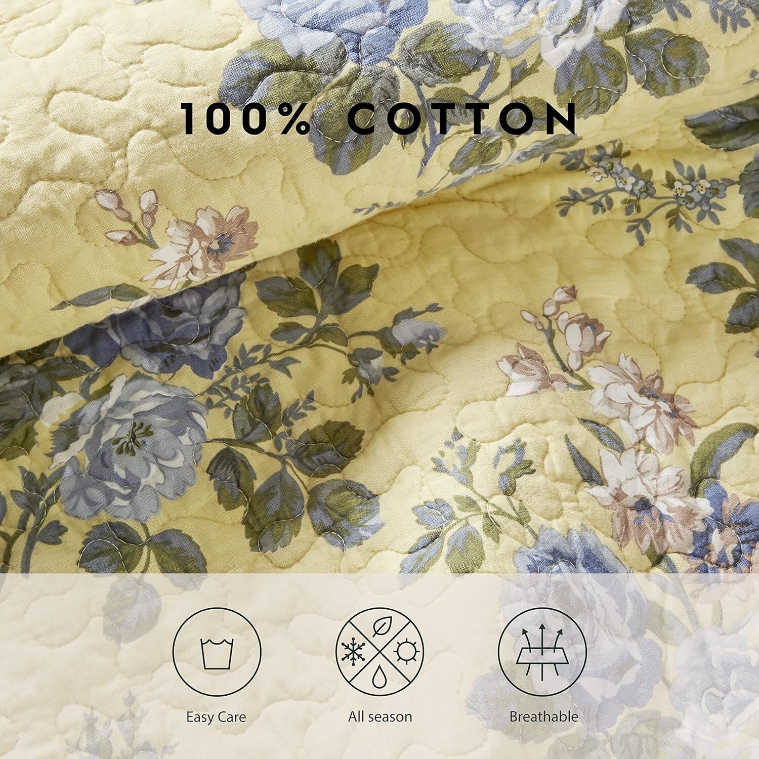 Lightweight & Breathable Floral Cotton Quilt Set - Queen, Pre-Washed Softness
