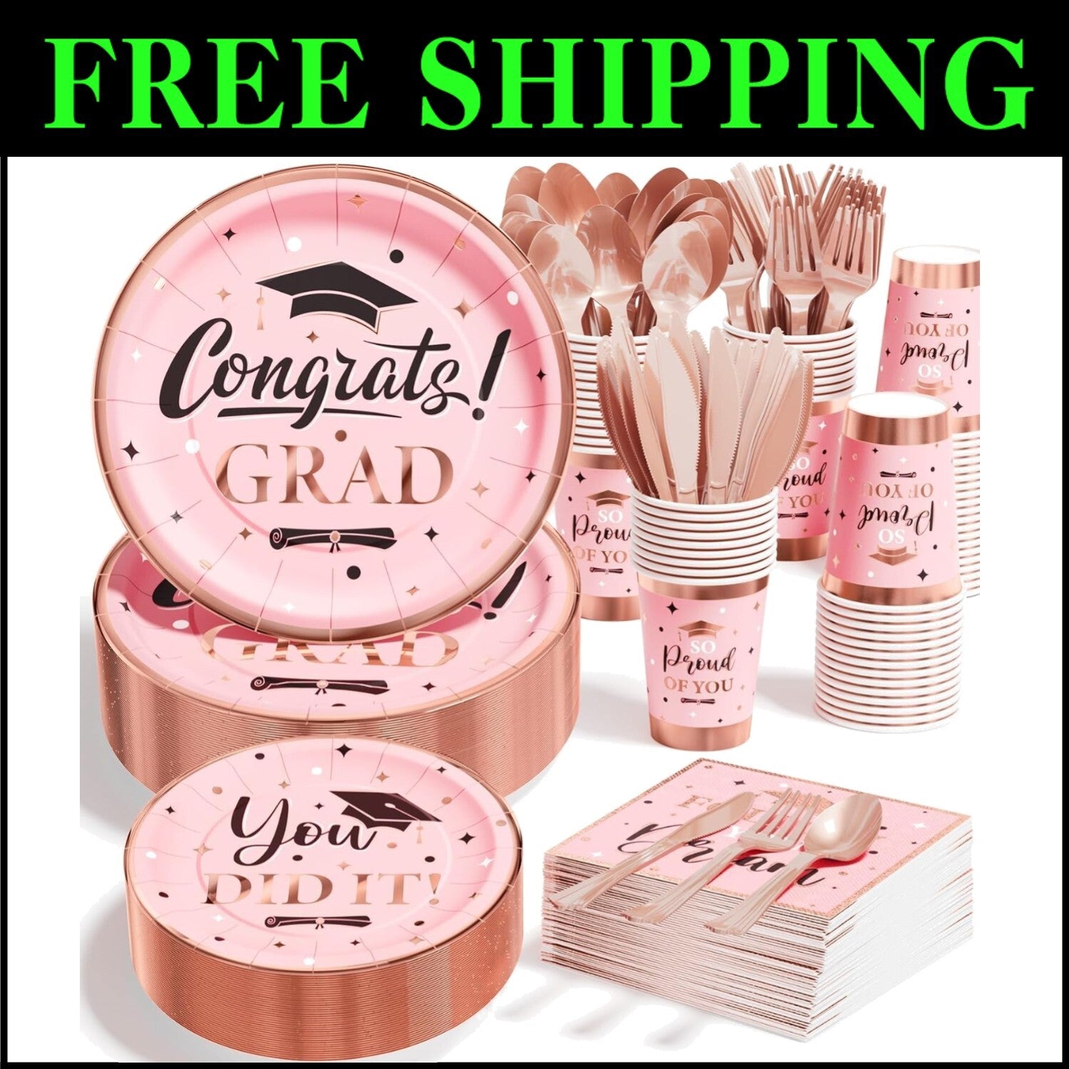 350 PCS Pink Graduation Supplies with Stylish Plates, Cups & Cutlery - Serves 50
