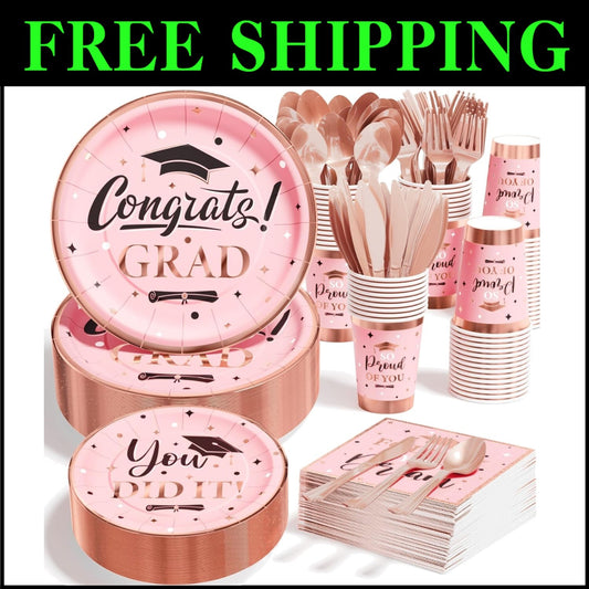 350 PCS Pink Graduation Supplies with Stylish Plates, Cups & Cutlery - Serves 50